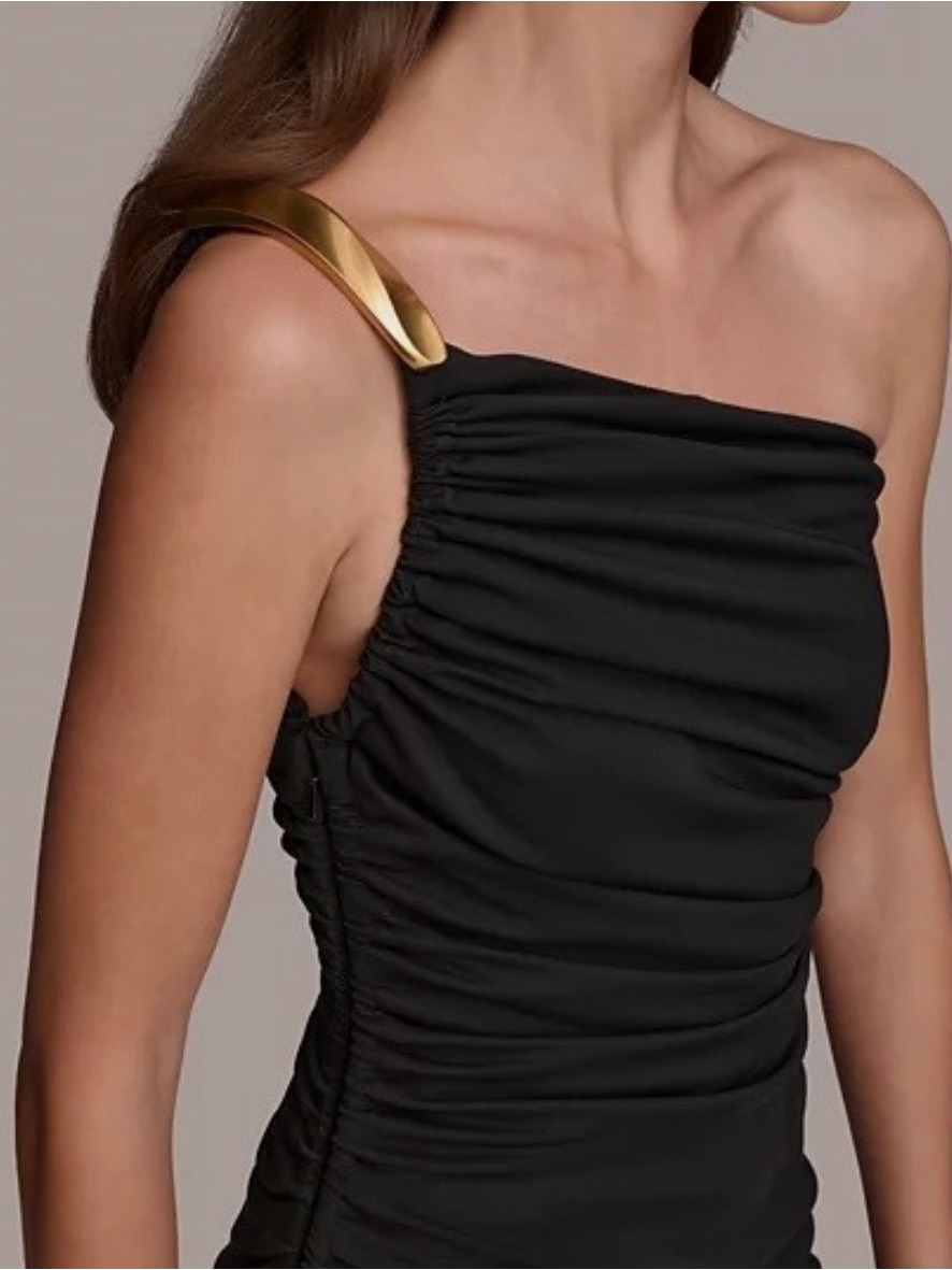 Donna Karan Black One-Shoulder Ruched Dress With Gold Shoulder Accent